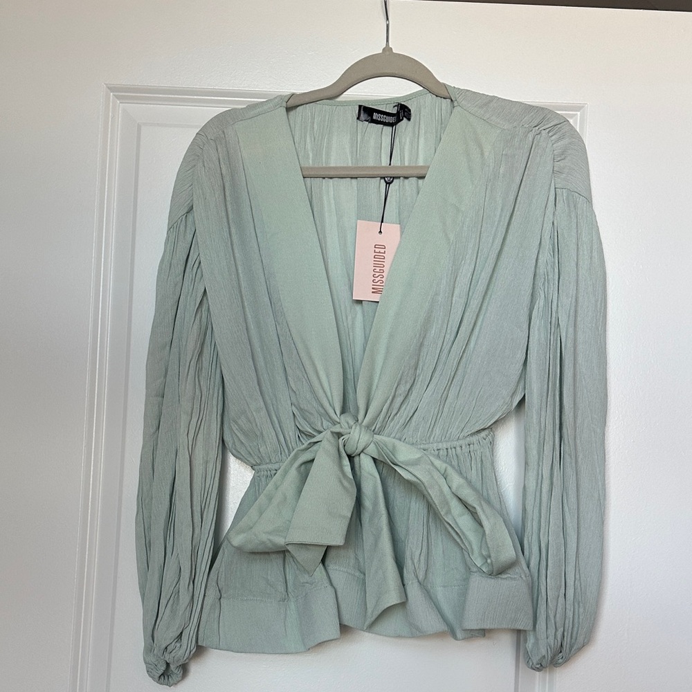 Missguided Women's Light Green Tie-Front Blouse